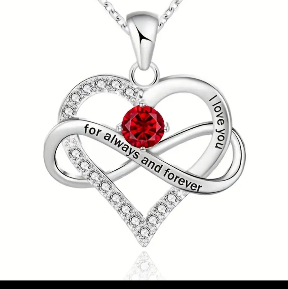 Garnet January birthstone I love you heart and infinity sign silvertone necklace